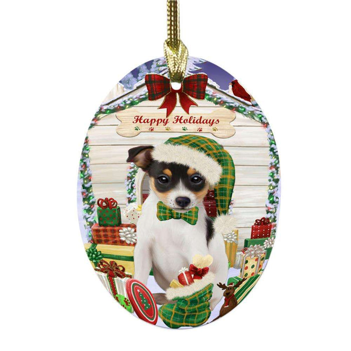 Happy Holidays Christmas Rat Terrier House With Presents Oval Glass Christmas Ornament OGOR49930