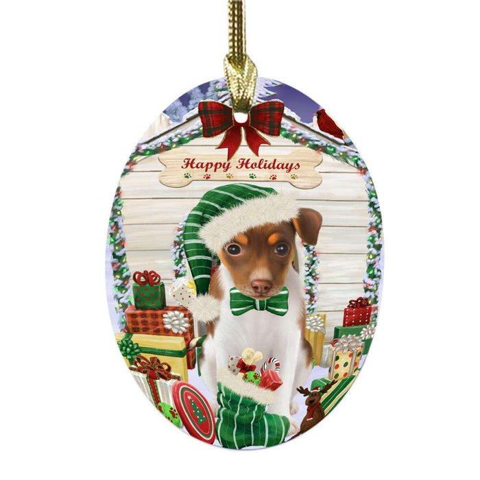 Happy Holidays Christmas Rat Terrier House With Presents Oval Glass Christmas Ornament OGOR49931