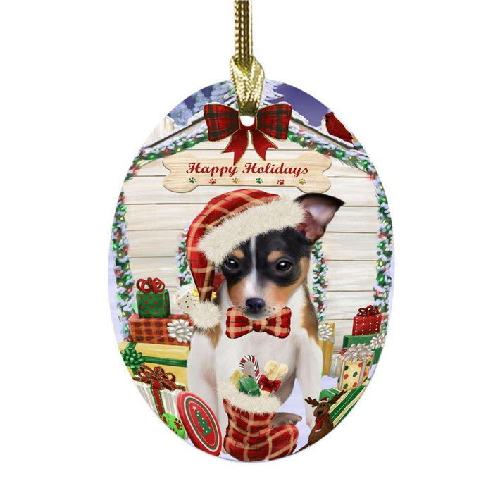 Happy Holidays Christmas Rat Terrier House With Presents Oval Glass Christmas Ornament OGOR49932