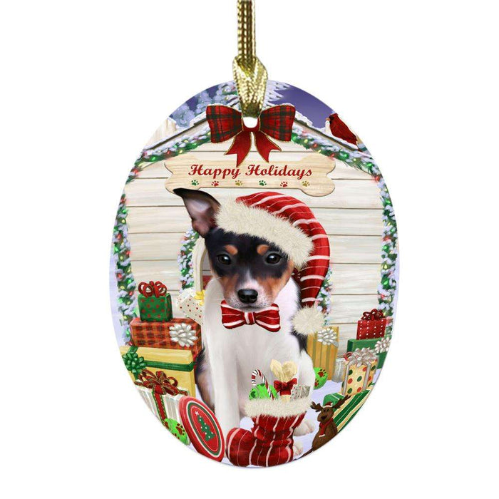 Happy Holidays Christmas Rat Terrier House With Presents Oval Glass Christmas Ornament OGOR49933