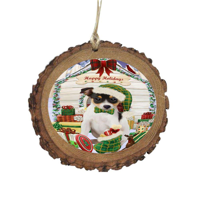 Happy Holidays Christmas Rat Terrier House With Presents Wooden Christmas Ornament WOR49930