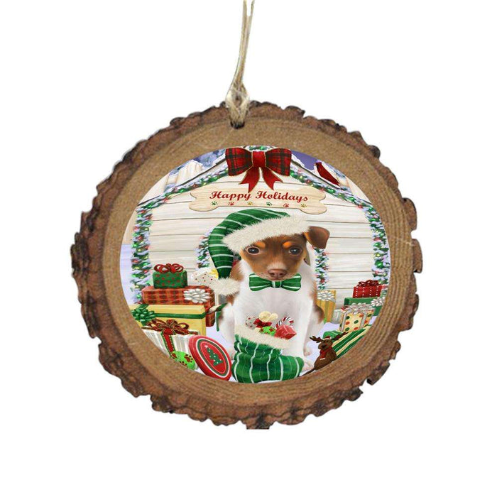 Happy Holidays Christmas Rat Terrier House With Presents Wooden Christmas Ornament WOR49931