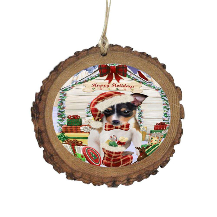 Happy Holidays Christmas Rat Terrier House With Presents Wooden Christmas Ornament WOR49932