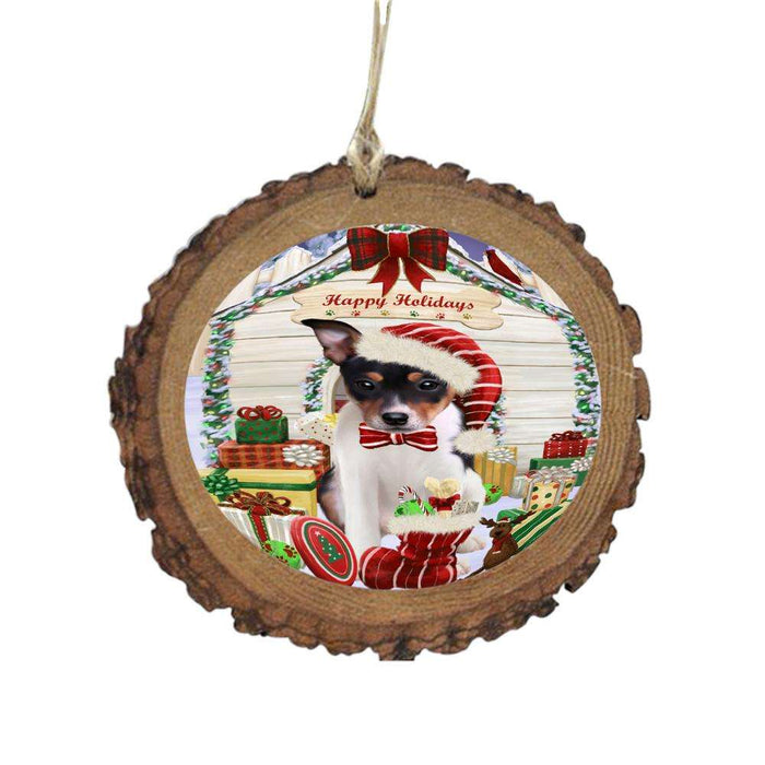 Happy Holidays Christmas Rat Terrier House With Presents Wooden Christmas Ornament WOR49933