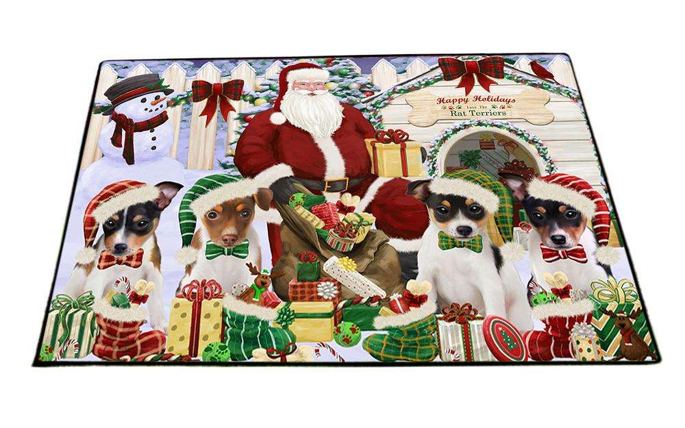 Happy Holidays Christmas Rat Terriers Dog House Gathering Floormat FLMS51504