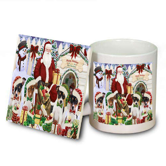 Happy Holidays Christmas Rat Terriers Dog House Gathering Mug and Coaster Set MUC52084