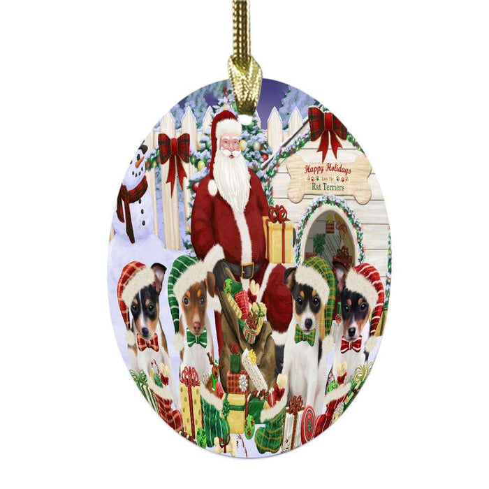 Happy Holidays Christmas Rat Terriers Dog House Gathering Oval Glass Christmas Ornament OGOR49719