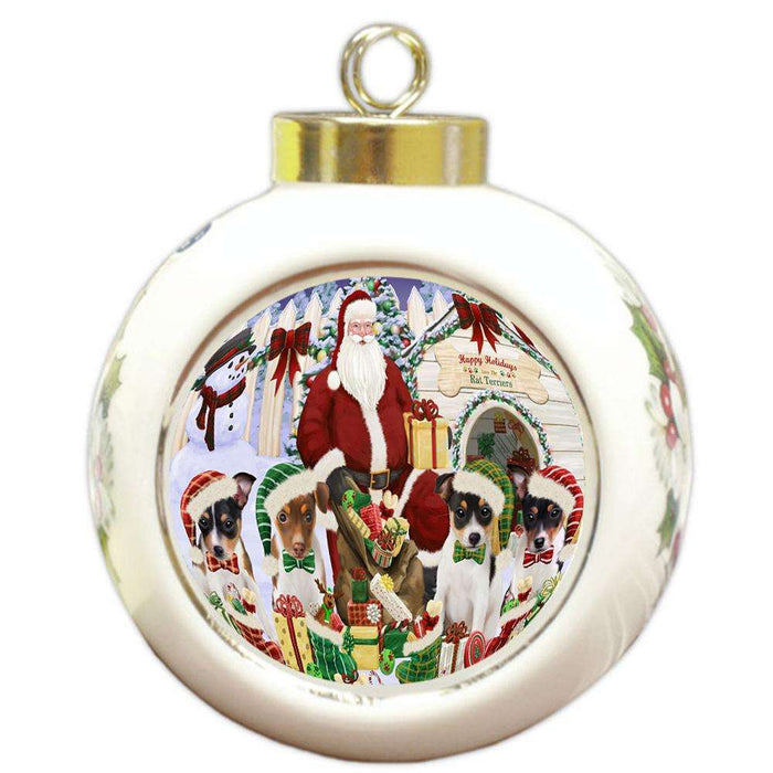 Happy Holidays Christmas Rat Terriers Dog House Gathering Round Ball Christmas Ornament RBPOR52092