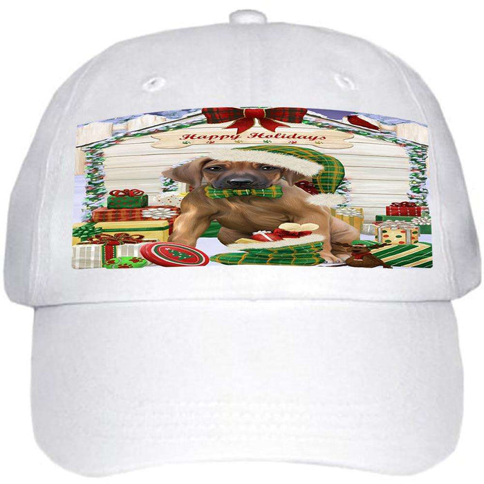 Happy Holidays Christmas Rhodesian Ridgeback Dog House With Presents Ball Hat Cap HAT60285