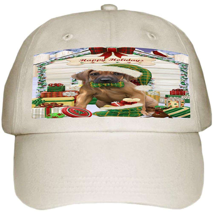 Happy Holidays Christmas Rhodesian Ridgeback Dog House With Presents Ball Hat Cap HAT60285