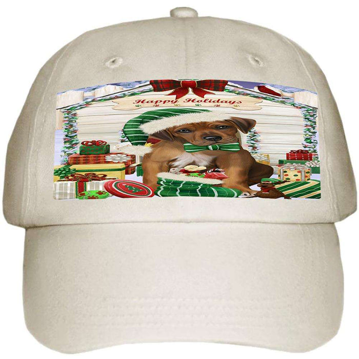 Happy Holidays Christmas Rhodesian Ridgeback Dog House With Presents Ball Hat Cap HAT60288