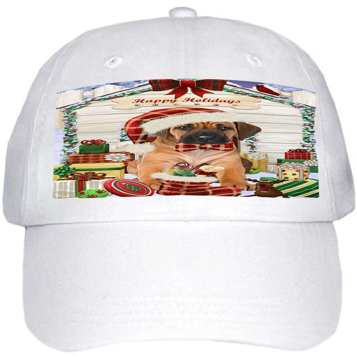 Happy Holidays Christmas Rhodesian Ridgeback Dog House With Presents Ball Hat Cap HAT60291