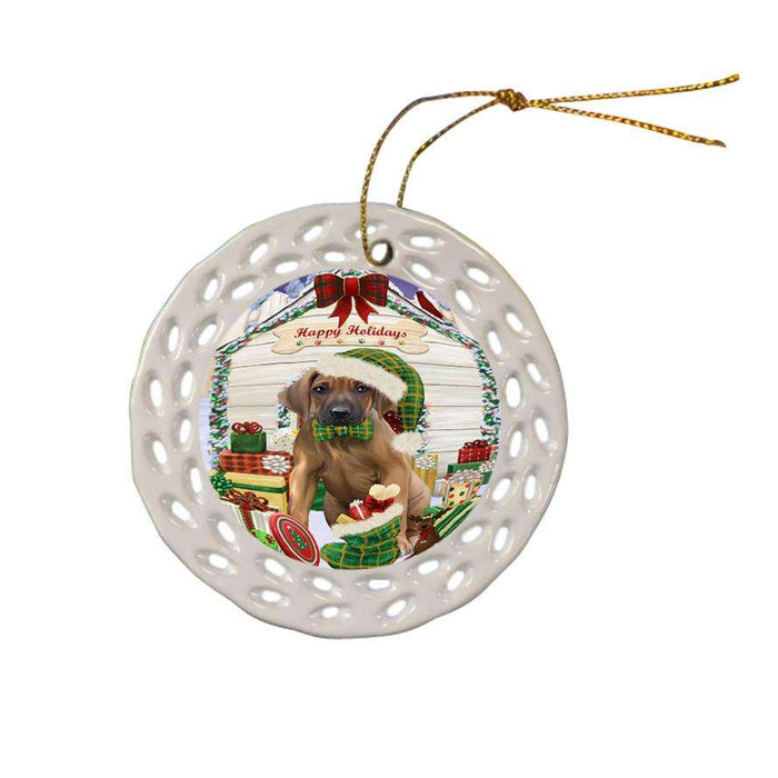 Happy Holidays Christmas Rhodesian Ridgeback Dog House With Presents Ceramic Doily Ornament DPOR52132