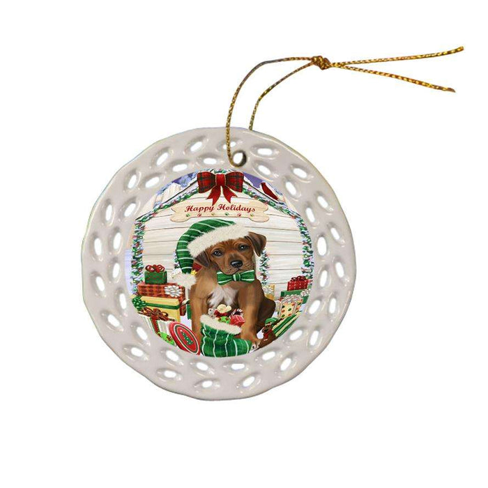 Happy Holidays Christmas Rhodesian Ridgeback Dog House With Presents Ceramic Doily Ornament DPOR52133