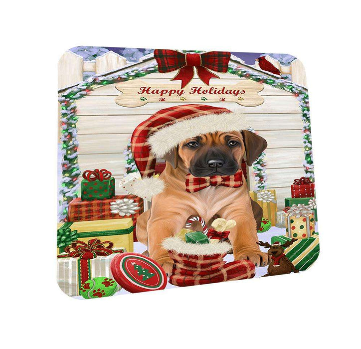Happy Holidays Christmas Rhodesian Ridgeback Dog House With Presents Coasters Set of 4 CST52093