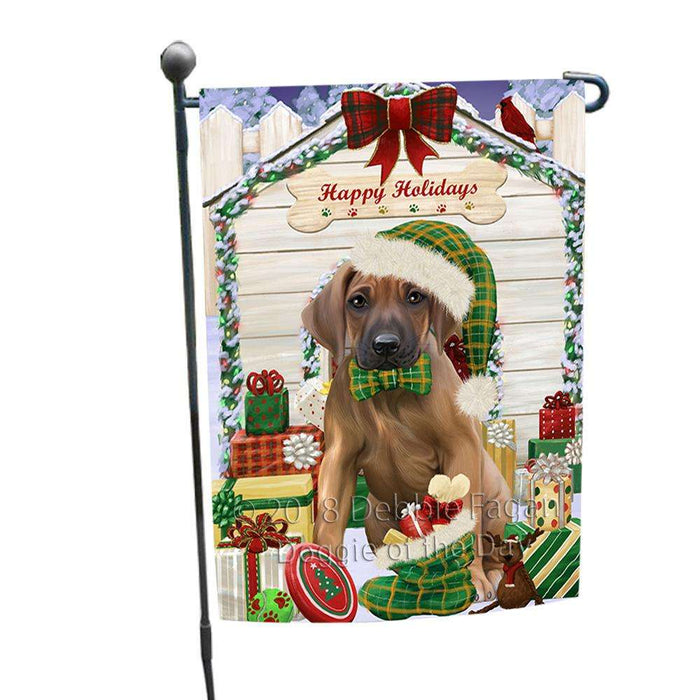 Happy Holidays Christmas Rhodesian Ridgeback Dog House With Presents Garden Flag GFLG52129