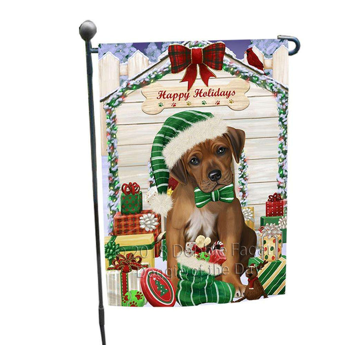 Happy Holidays Christmas Rhodesian Ridgeback Dog House With Presents Garden Flag GFLG52130