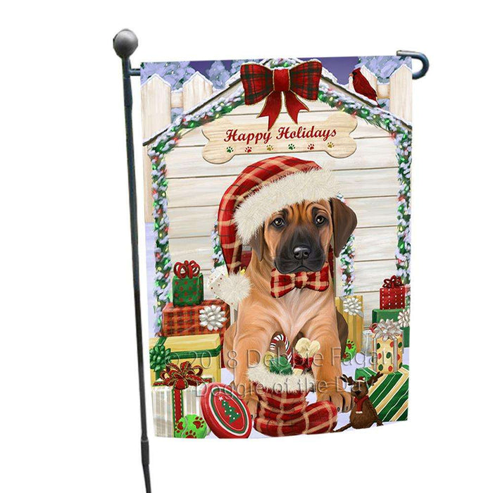 Happy Holidays Christmas Rhodesian Ridgeback Dog House With Presents Garden Flag GFLG52131
