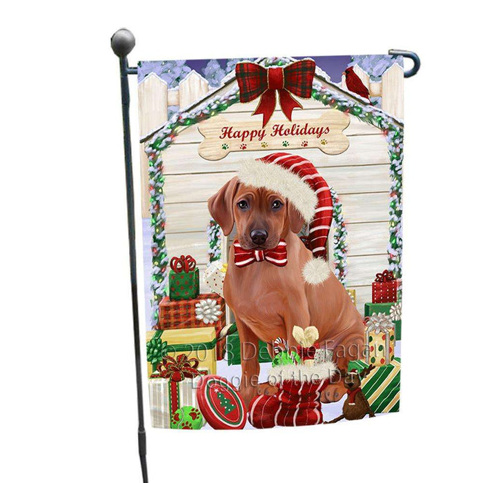 Happy Holidays Christmas Rhodesian Ridgeback Dog House With Presents Garden Flag GFLG52132