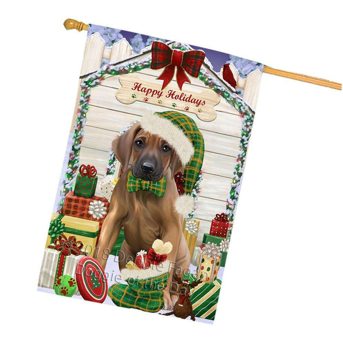 Happy Holidays Christmas Rhodesian Ridgeback Dog House With Presents House Flag FLG52265