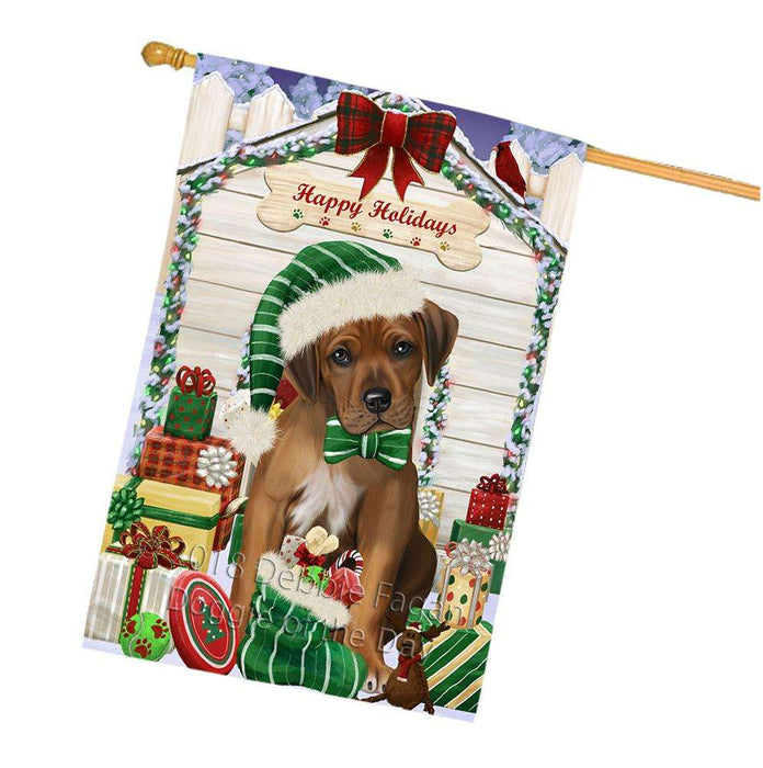 Happy Holidays Christmas Rhodesian Ridgeback Dog House With Presents House Flag FLG52266