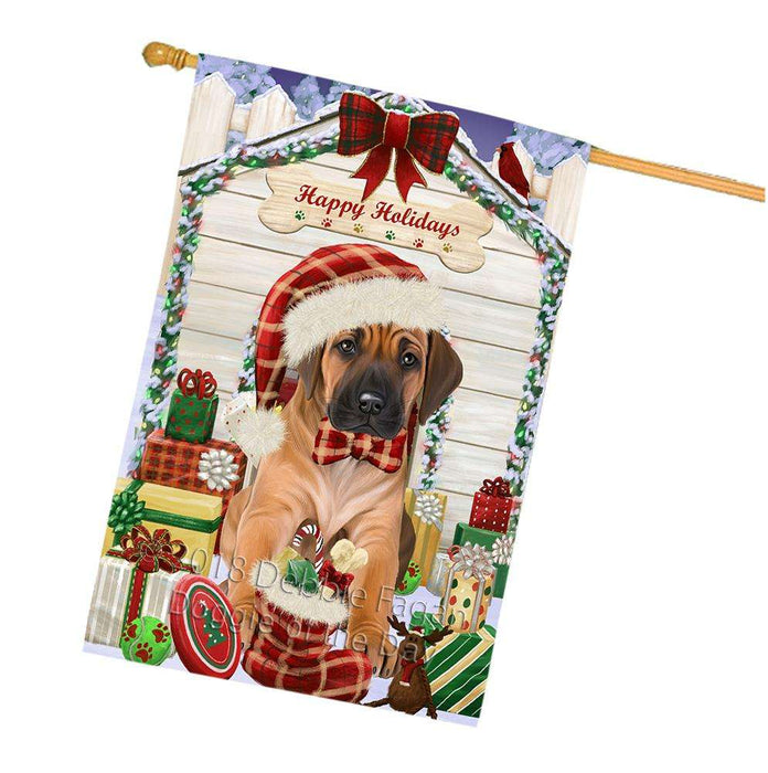 Happy Holidays Christmas Rhodesian Ridgeback Dog House With Presents House Flag FLG52267