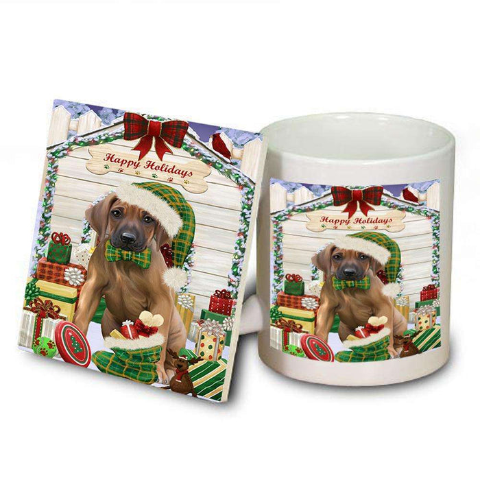 Happy Holidays Christmas Rhodesian Ridgeback Dog House With Presents Mug and Coaster Set MUC52124