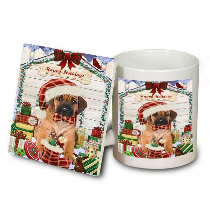 Happy Holidays Christmas Rhodesian Ridgeback Dog House With Presents Mug and Coaster Set MUC52126