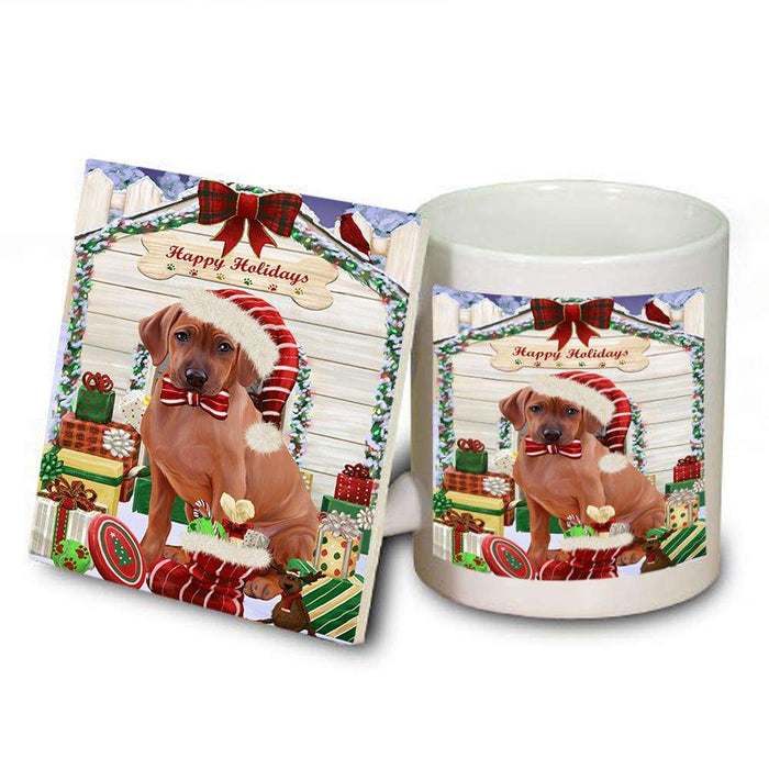 Happy Holidays Christmas Rhodesian Ridgeback Dog House With Presents Mug and Coaster Set MUC52127