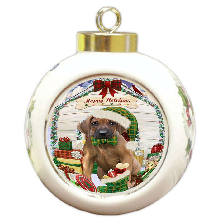 Happy Holidays Christmas Rhodesian Ridgeback Dog House With Presents Round Ball Christmas Ornament RBPOR52132