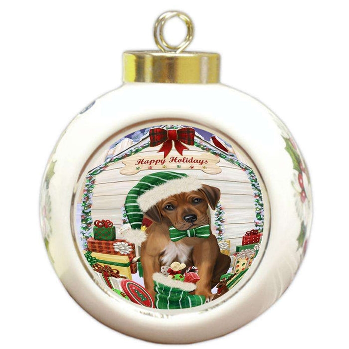 Happy Holidays Christmas Rhodesian Ridgeback Dog House With Presents Round Ball Christmas Ornament RBPOR52133