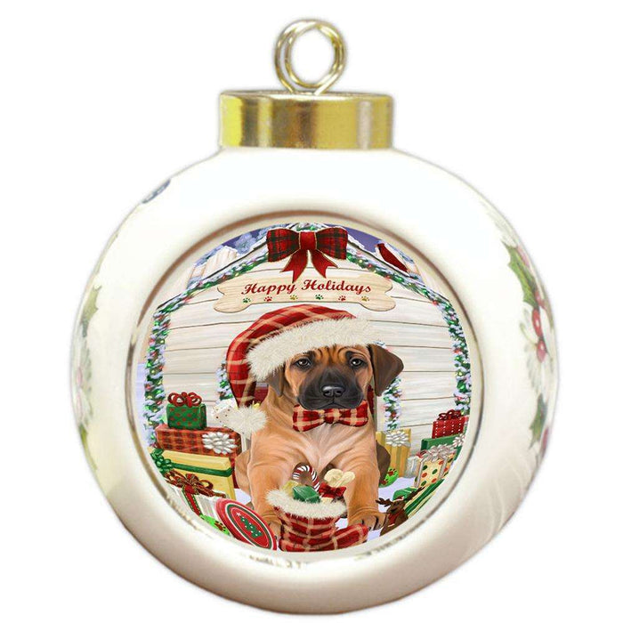 Happy Holidays Christmas Rhodesian Ridgeback Dog House With Presents Round Ball Christmas Ornament RBPOR52134