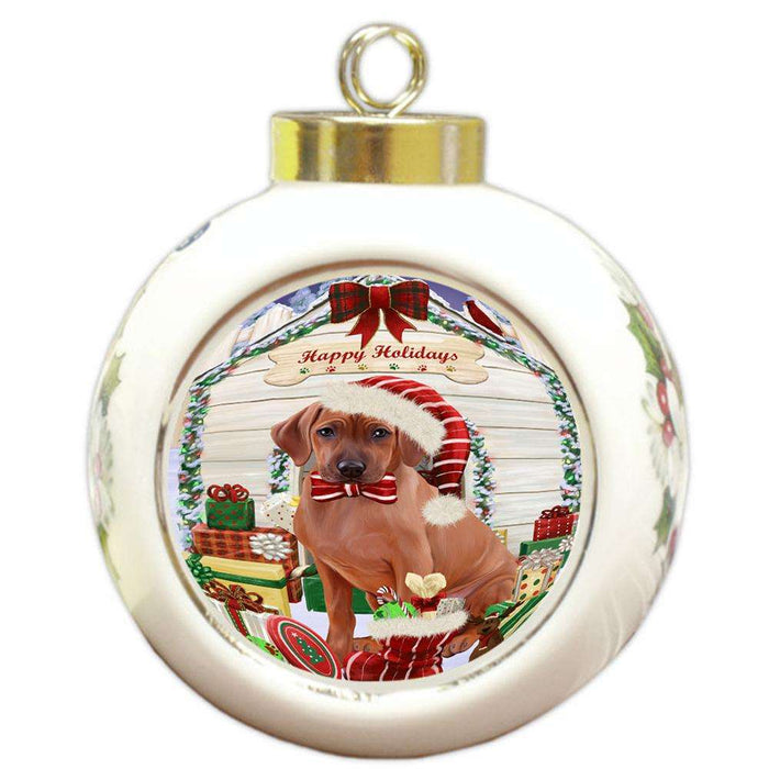 Happy Holidays Christmas Rhodesian Ridgeback Dog House With Presents Round Ball Christmas Ornament RBPOR52135