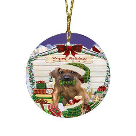 Happy Holidays Christmas Rhodesian Ridgeback Dog House With Presents Round Flat Christmas Ornament RFPOR52123