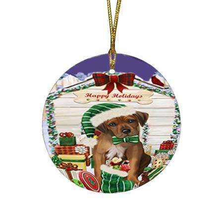 Happy Holidays Christmas Rhodesian Ridgeback Dog House With Presents Round Flat Christmas Ornament RFPOR52124