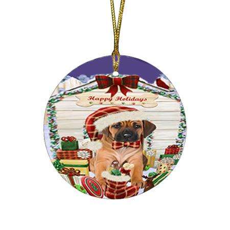 Happy Holidays Christmas Rhodesian Ridgeback Dog House With Presents Round Flat Christmas Ornament RFPOR52125