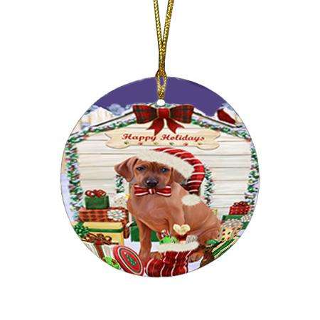 Happy Holidays Christmas Rhodesian Ridgeback Dog House With Presents Round Flat Christmas Ornament RFPOR52126