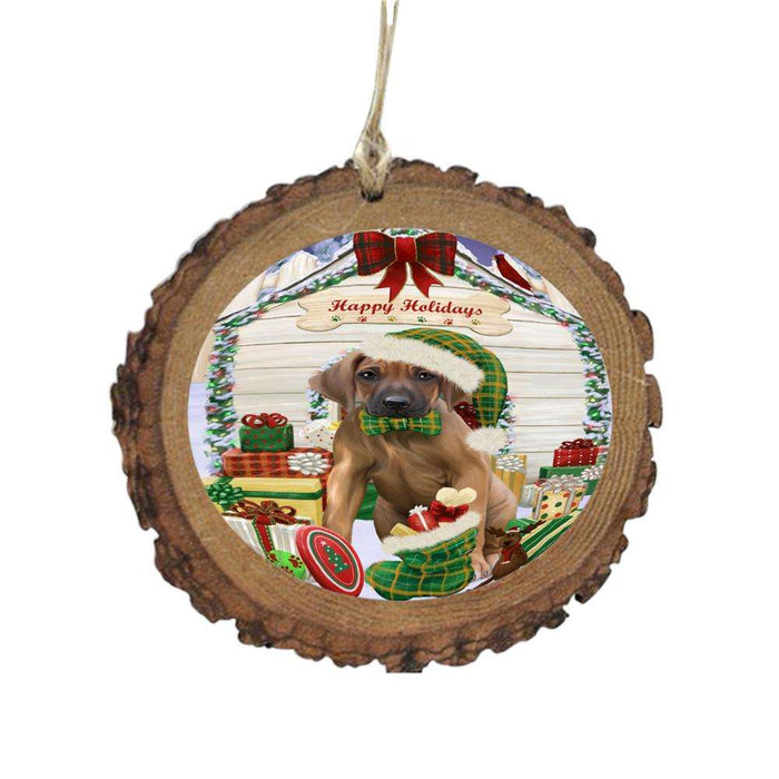 Happy Holidays Christmas Rhodesian Ridgeback House With Presents Wooden Christmas Ornament WOR49934