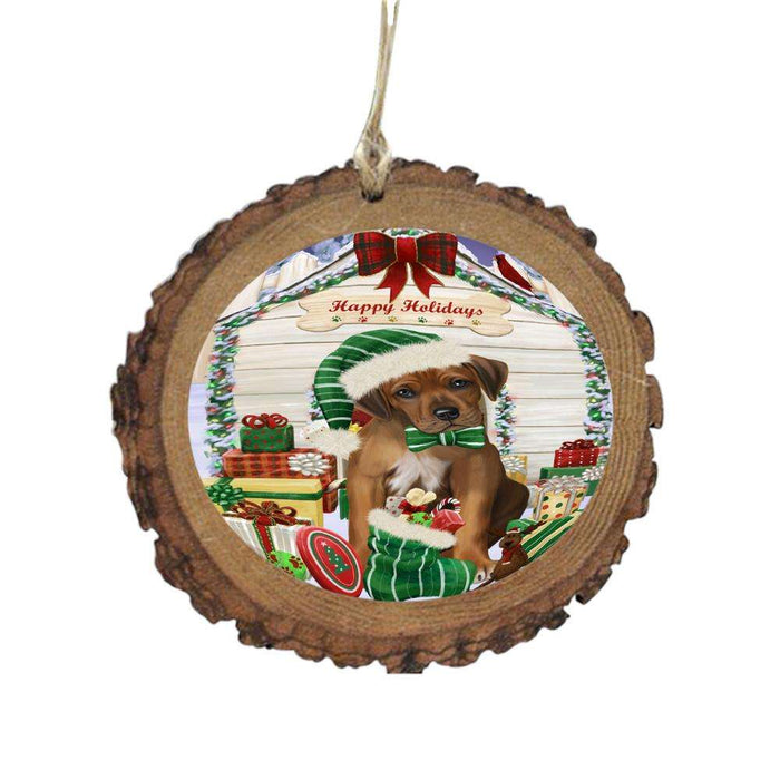 Happy Holidays Christmas Rhodesian Ridgeback House With Presents Wooden Christmas Ornament WOR49935