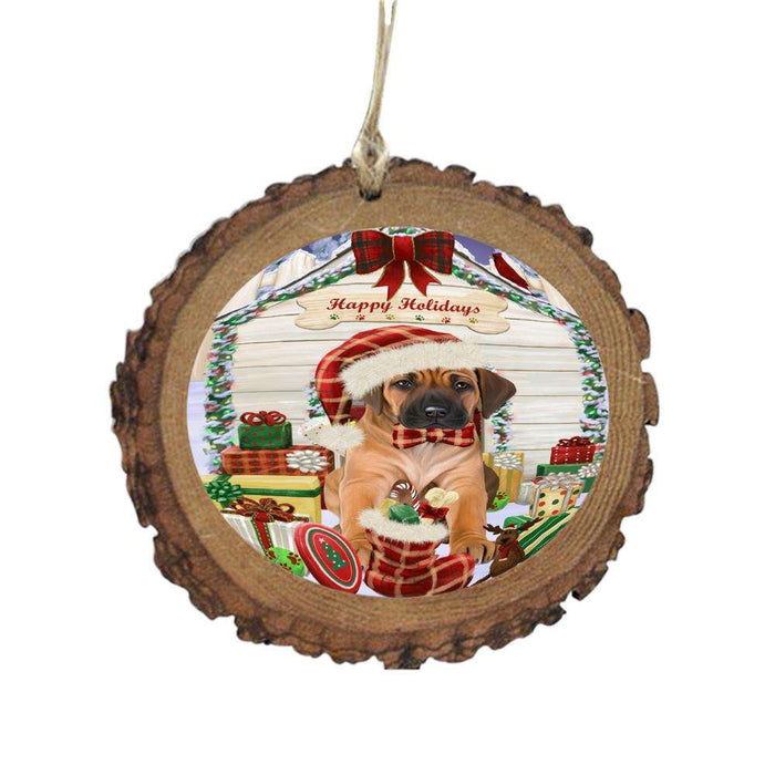 Happy Holidays Christmas Rhodesian Ridgeback House With Presents Wooden Christmas Ornament WOR49936