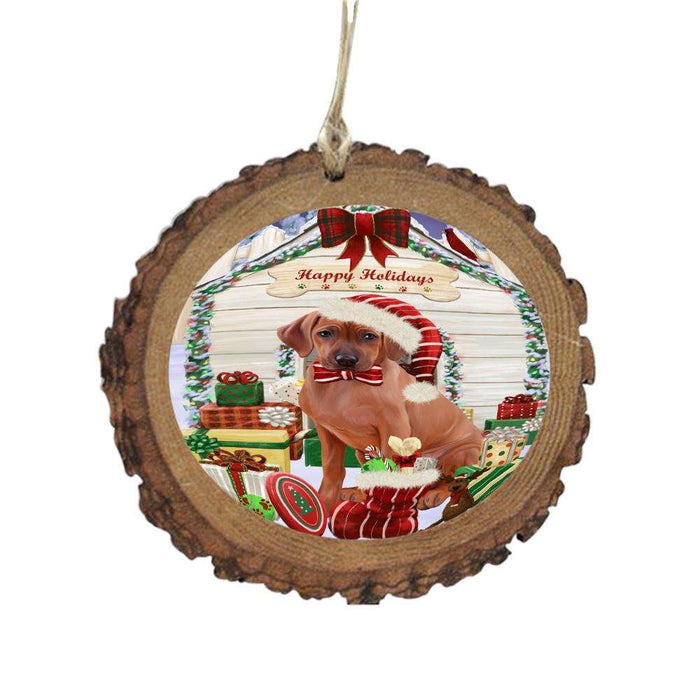 Happy Holidays Christmas Rhodesian Ridgeback House With Presents Wooden Christmas Ornament WOR49937