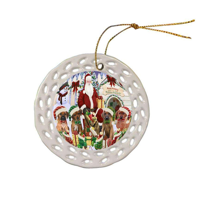 Happy Holidays Christmas Rhodesian Ridgebacks Dog House Gathering Ceramic Doily Ornament DPOR52093