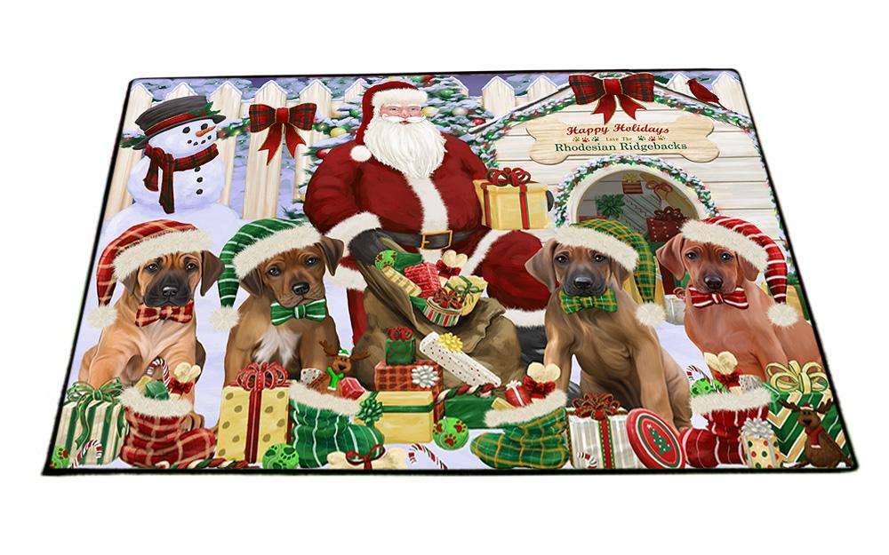 Happy Holidays Christmas Rhodesian Ridgebacks Dog House Gathering Floormat FLMS51507