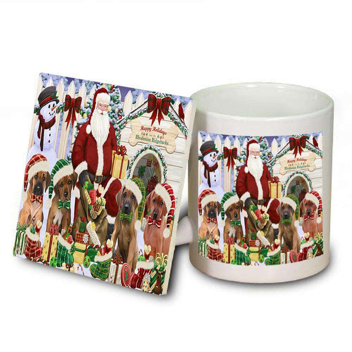 Happy Holidays Christmas Rhodesian Ridgebacks Dog House Gathering Mug and Coaster Set MUC52085