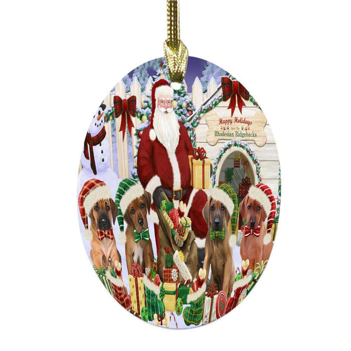 Happy Holidays Christmas Rhodesian Ridgebacks Dog House Gathering Oval Glass Christmas Ornament OGOR49720