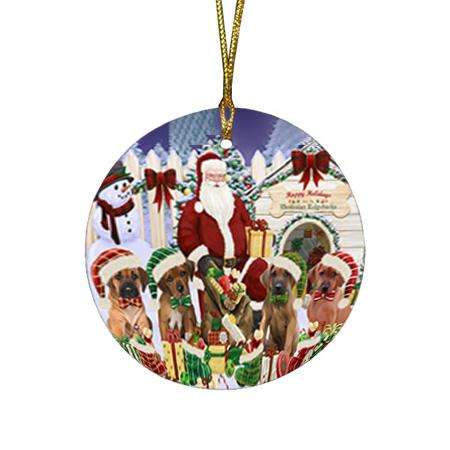 Happy Holidays Christmas Rhodesian Ridgebacks Dog House Gathering Round Flat Christmas Ornament RFPOR52084