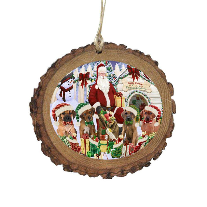 Happy Holidays Christmas Rhodesian Ridgebacks Dog House Gathering Wooden Christmas Ornament WOR49720