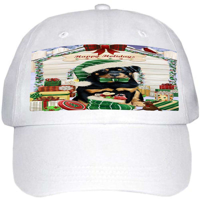 Happy Holidays Christmas Rottweiler Dog House With Presents Ball Hat Cap HAT60300