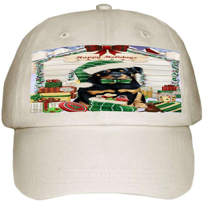 Happy Holidays Christmas Rottweiler Dog House With Presents Ball Hat Cap HAT60300