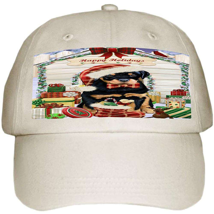 Happy Holidays Christmas Rottweiler Dog House With Presents Ball Hat Cap HAT60303